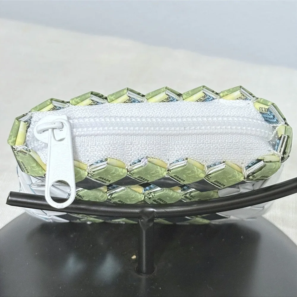 Handcrafted Upcycled Woven Coin Purse‎ Green Silver White Recycled Wrapper Bag